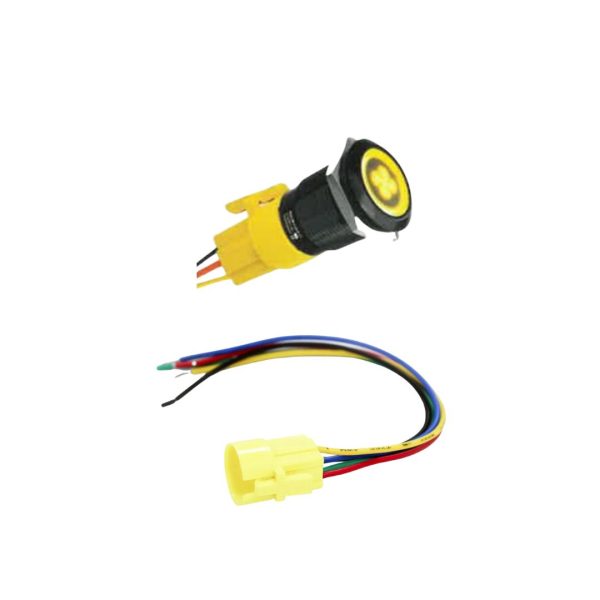 Black vandal-proof LED button, 12/24v, with connector, complete with adhesive symbols. Red light.