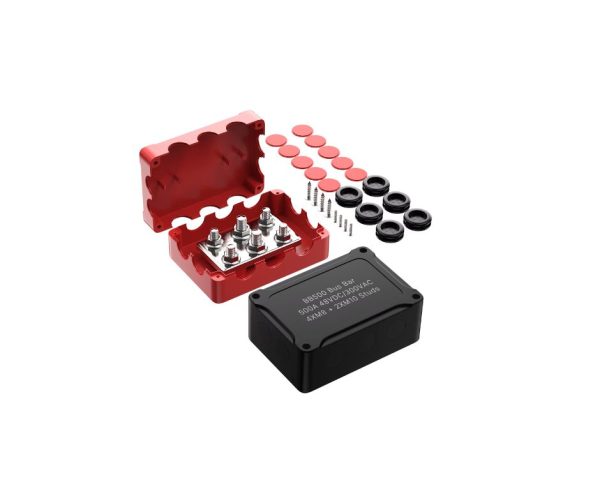 COPPIA BARRE DISTRIBUZIONE ROSSA+NERA 500AMP BOX STAGNO 4 VITI M8+2 VITI M10
